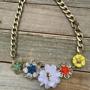 Statement Necklace with Large Flowers 18" Flower Necklace Metal Chain